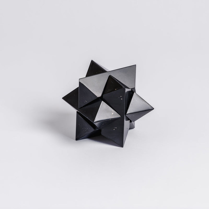 Black geometric polyhedron on a light gray background