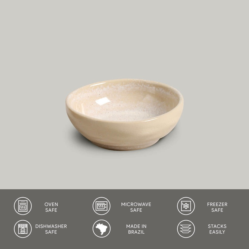 Beige ceramic bowl on a gray background with safety and feature icons at the bottom.