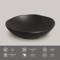 Black ceramic bowl on a gray background with safety and feature icons at the bottom.