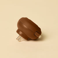 Brown wall plug and cord on a beige background