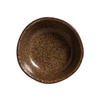 Brown ceramic bowl with speckled texture on a white background