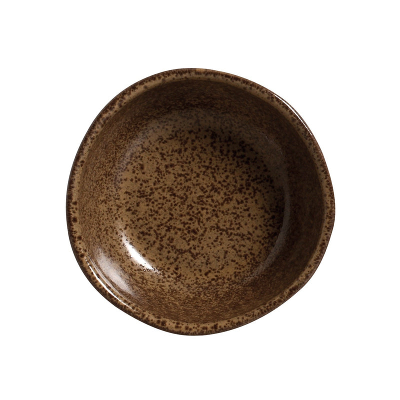 Brown ceramic bowl with speckled texture on a white background