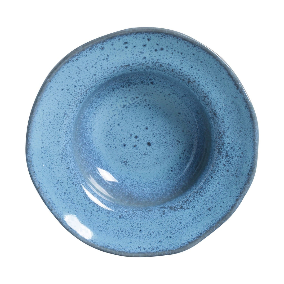 Blue ceramic bowl with speckled texture on a white background