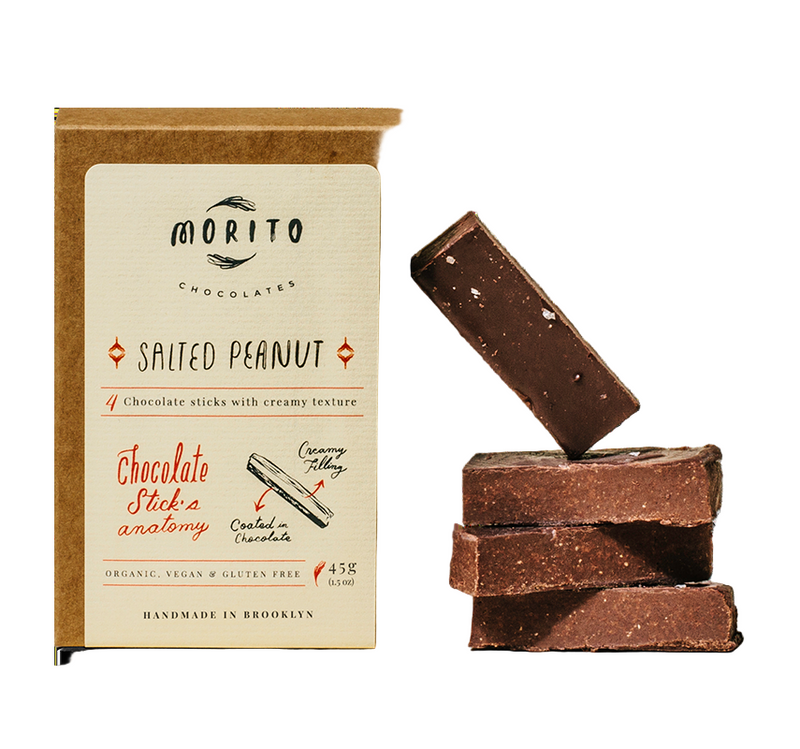 Morito Chocolates salted peanut chocolate sticks with packaging on a white background