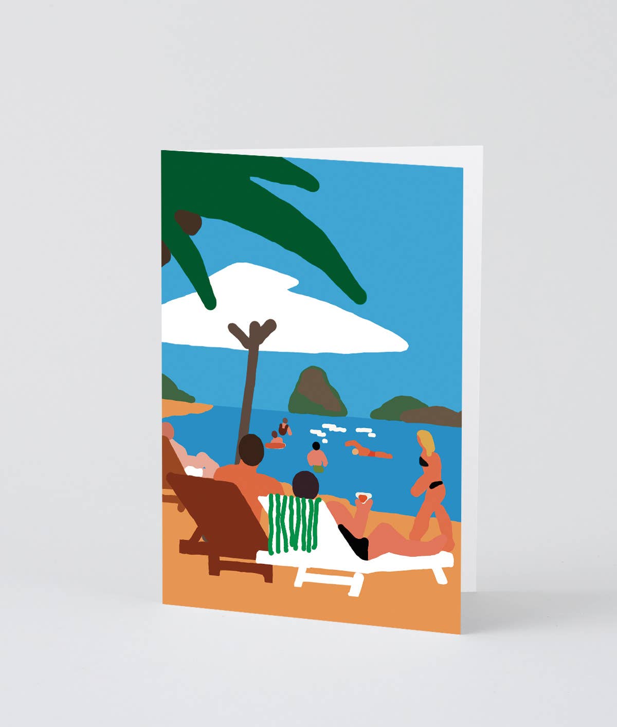 Illustration of people on a beach with palm trees and ocean.