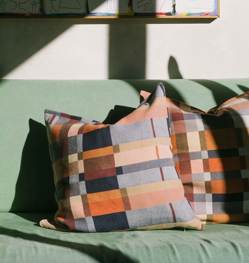 Checkered cushions on a green sofa with a neutral background