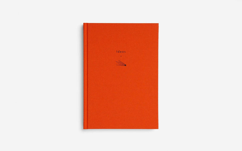 Orange notebook with minimal design and 'Ideas' title on a white background