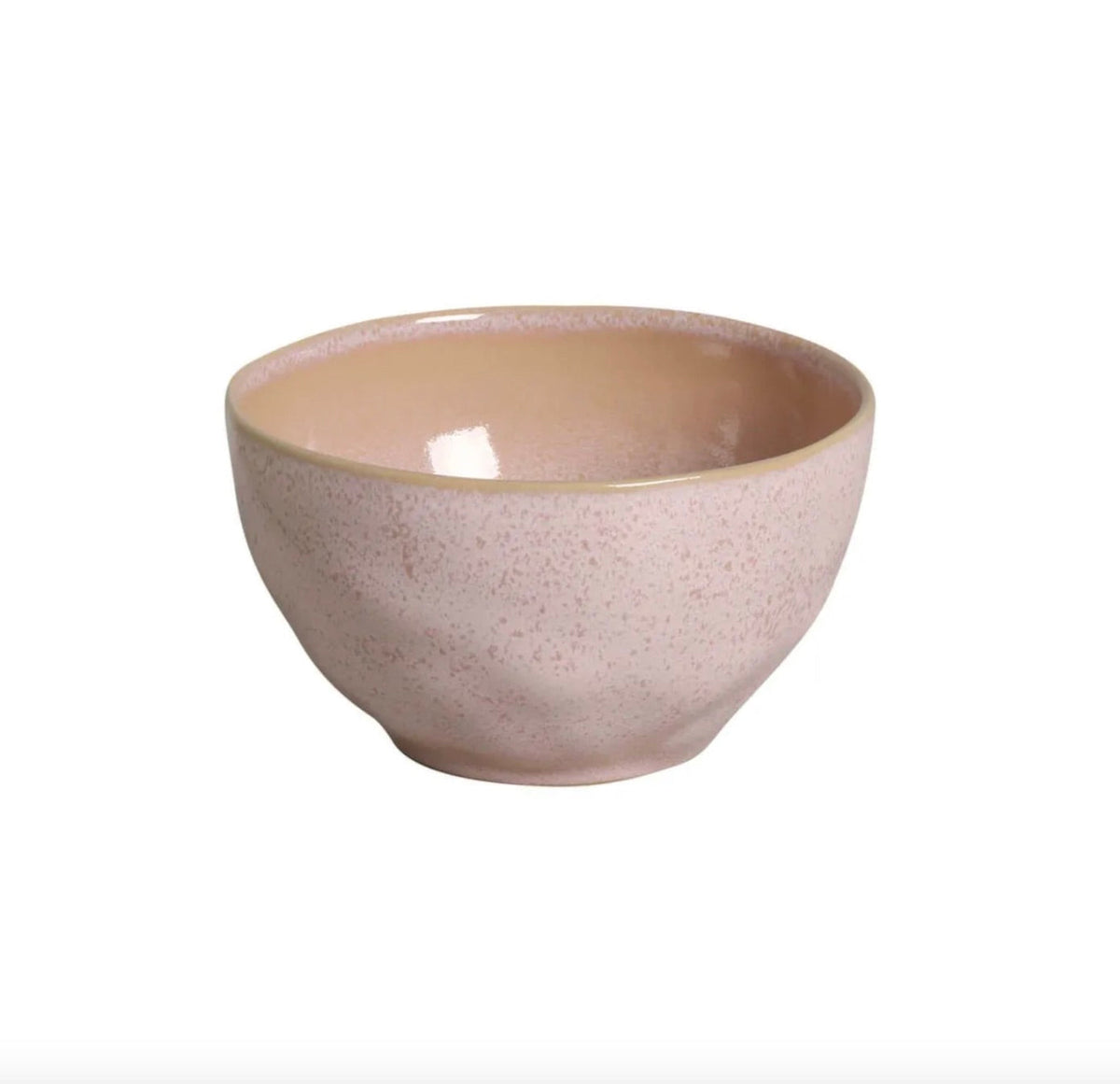 Ceramic bowl with speckled beige and pink design on a white background