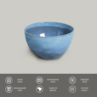 Blue ceramic bowl on a gray background with safety and feature icons at the bottom.