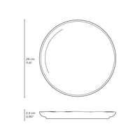 Line drawing of a round plate with dimensions on a white background