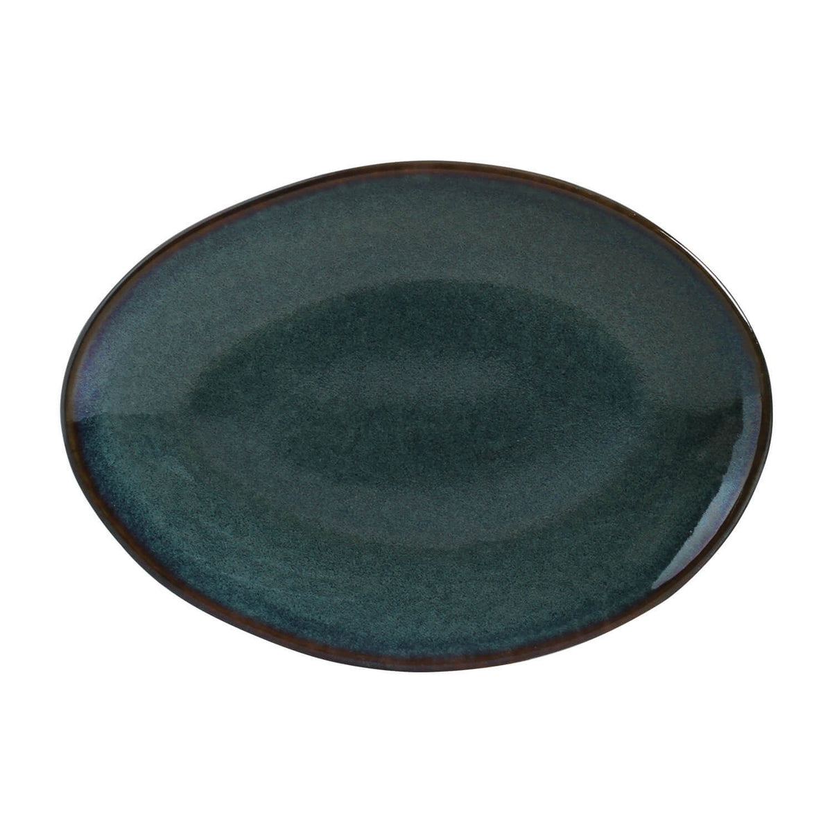 Teal ceramic plate with brown rim on a white background
