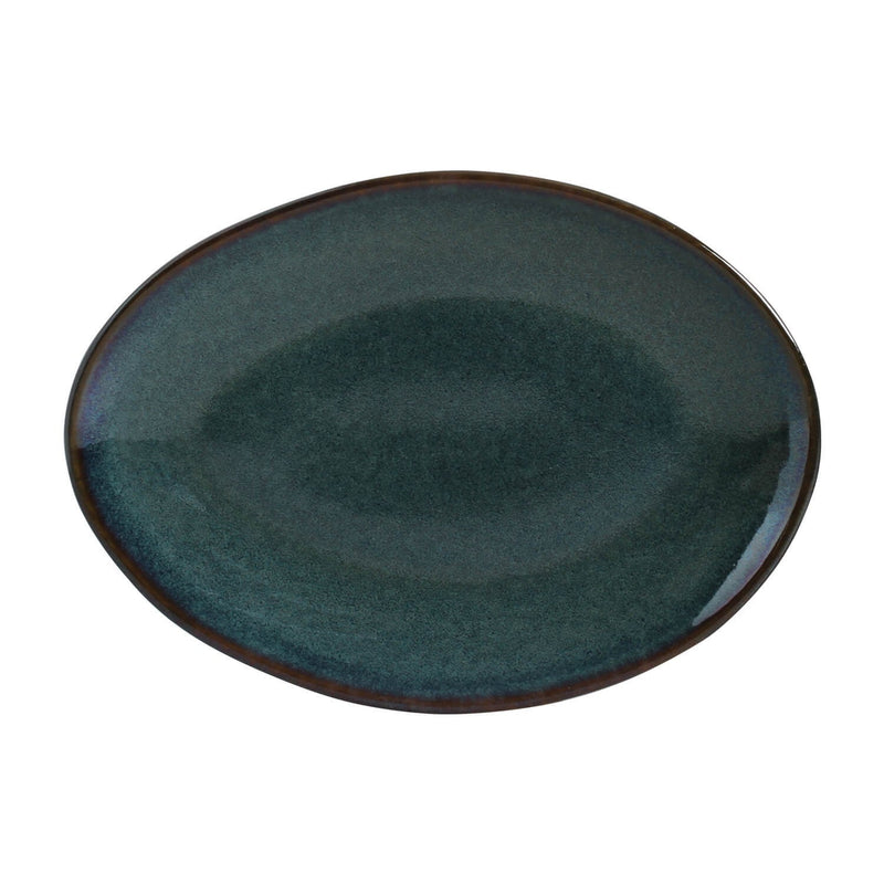 Teal ceramic plate with brown rim on a white background