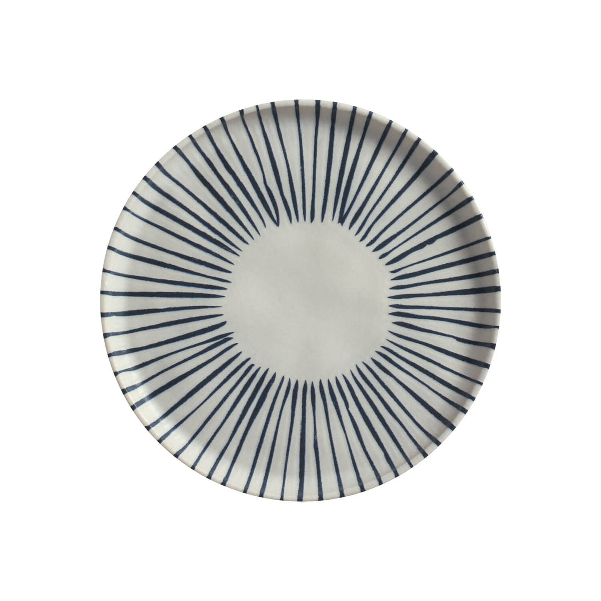Ceramic plate with blue radial pattern on a white background