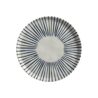 Ceramic plate with blue radial pattern on a white background