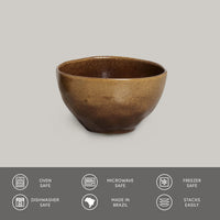 Brown ceramic bowl on a gray background with safety and feature icons at the bottom.