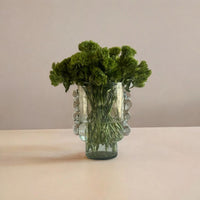 Glass vase with green foliage on a beige surface and background
