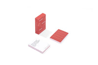 Red prompt cards with grid design on a white background
