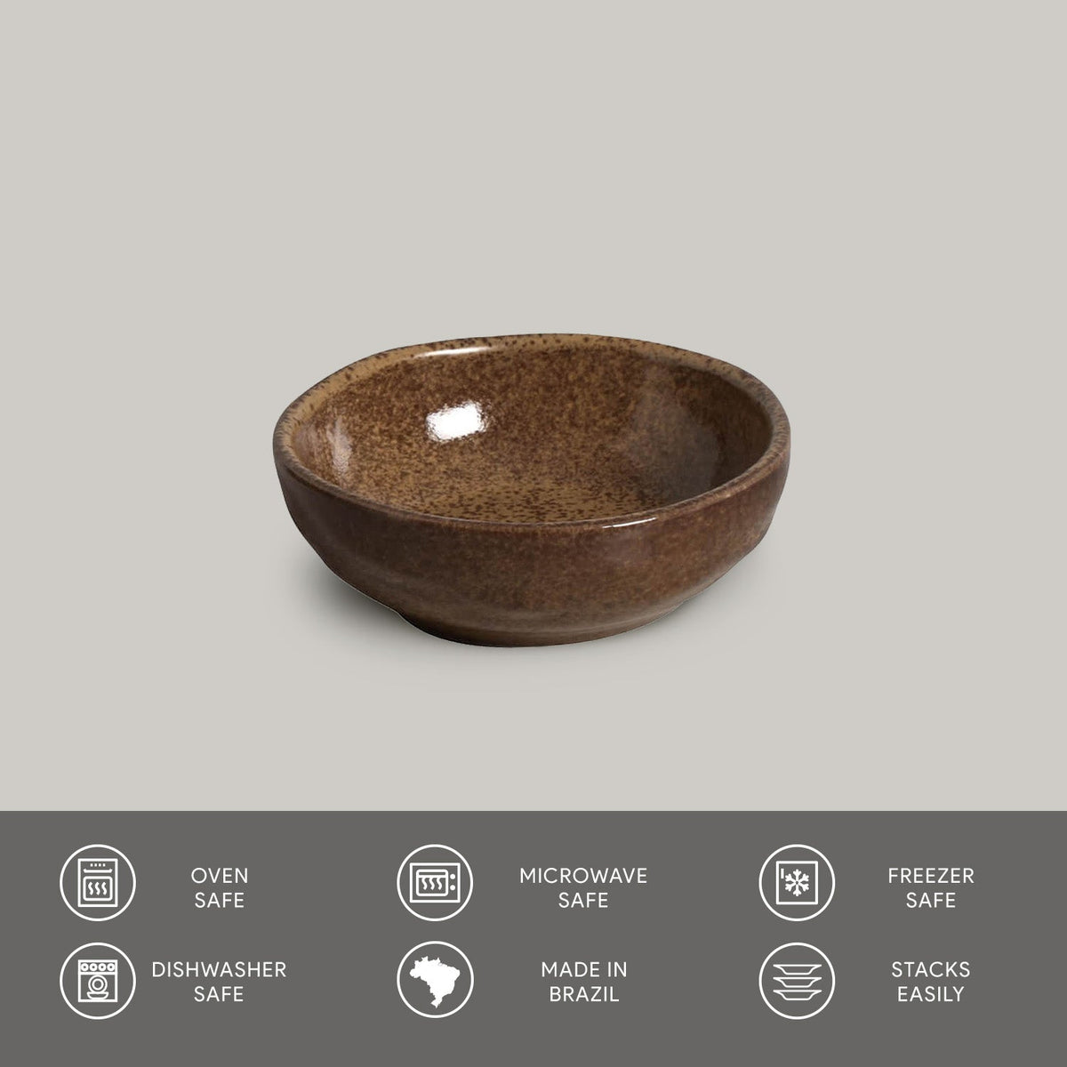 Brown ceramic bowl on a gray background with safety and feature icons below.