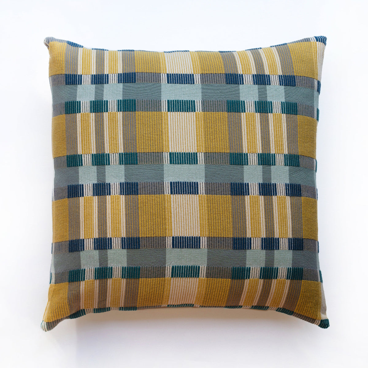 Plaid patterned pillow with yellow and blue colors on a white background