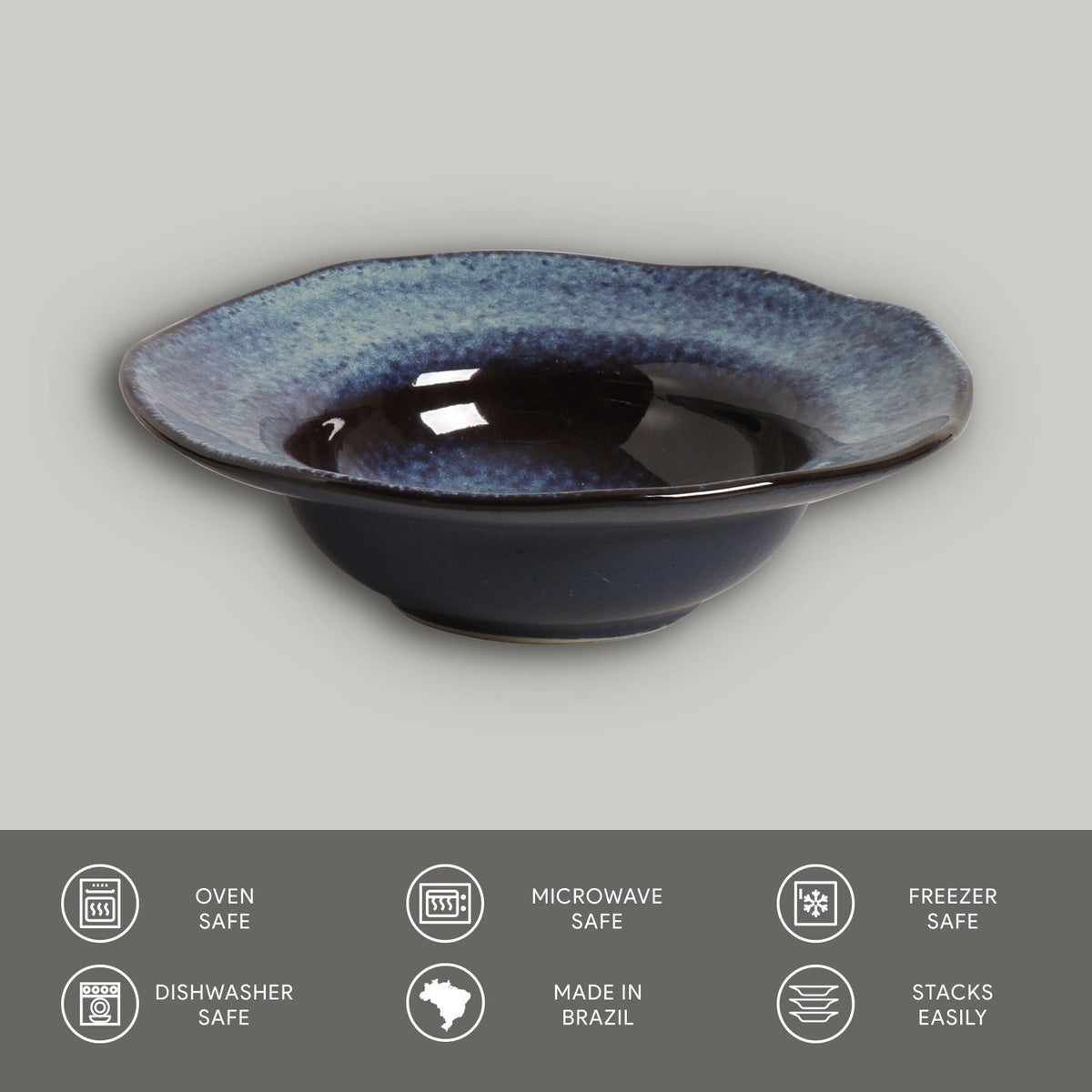 Blue ceramic bowl on a gray background with safety and feature icons at the bottom.