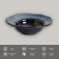Blue ceramic bowl on a gray background with safety and feature icons at the bottom.