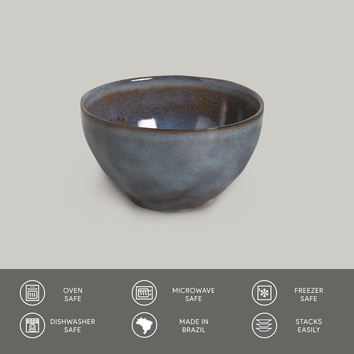 Blue ceramic bowl on a gray background with safety and feature icons at the bottom.