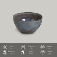 Blue ceramic bowl on a gray background with safety and feature icons at the bottom.
