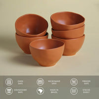 Set of terracotta bowls on a beige background with safety and feature icons below.