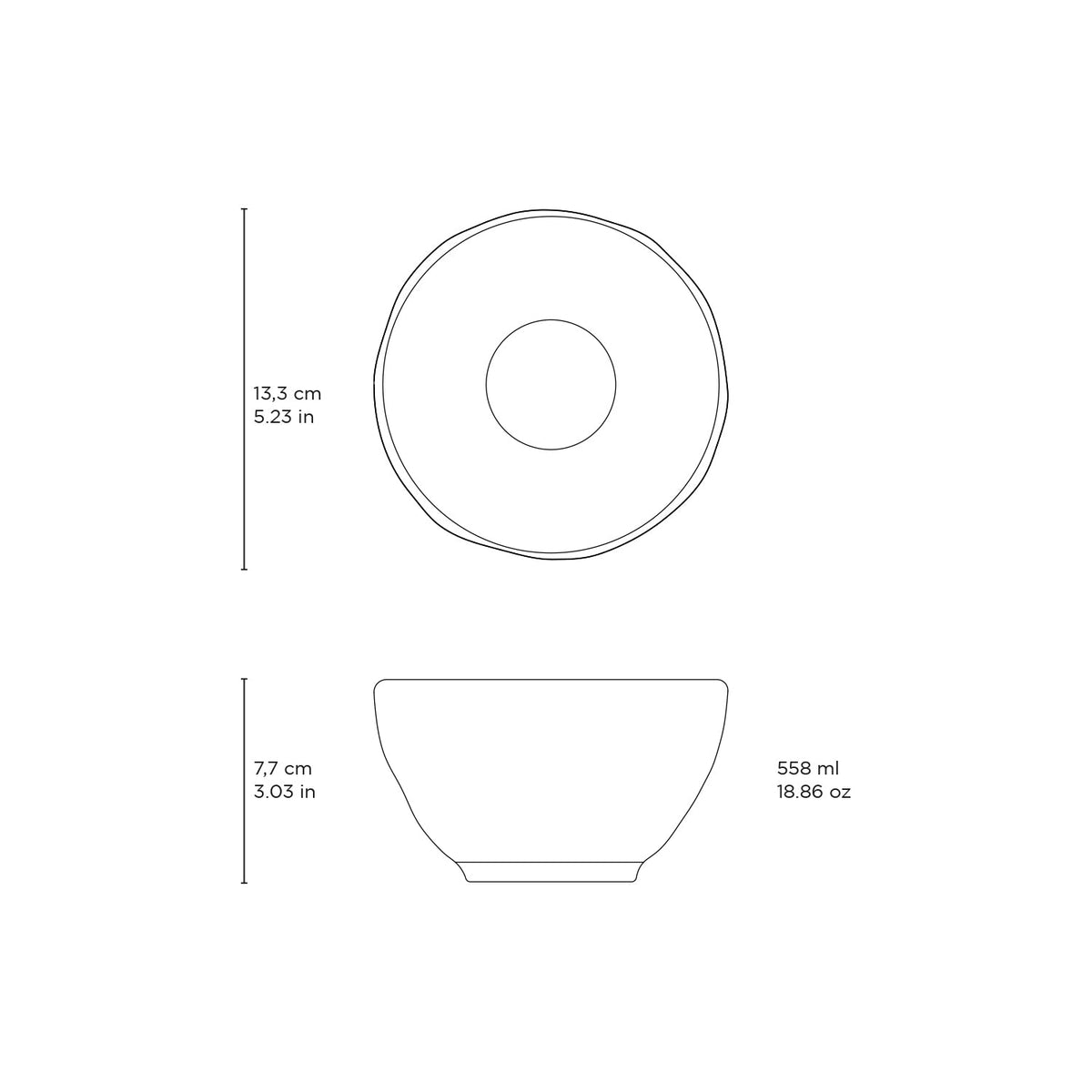 Technical drawing of a bowl with dimensions and volume indicated