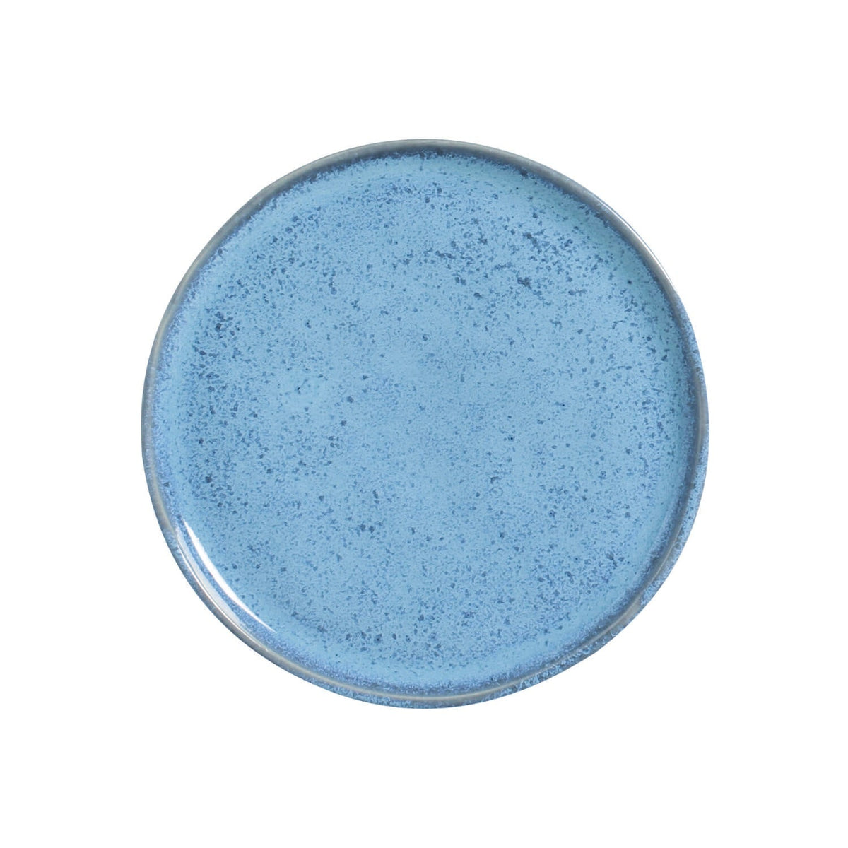Blue ceramic plate with a speckled texture on a white background