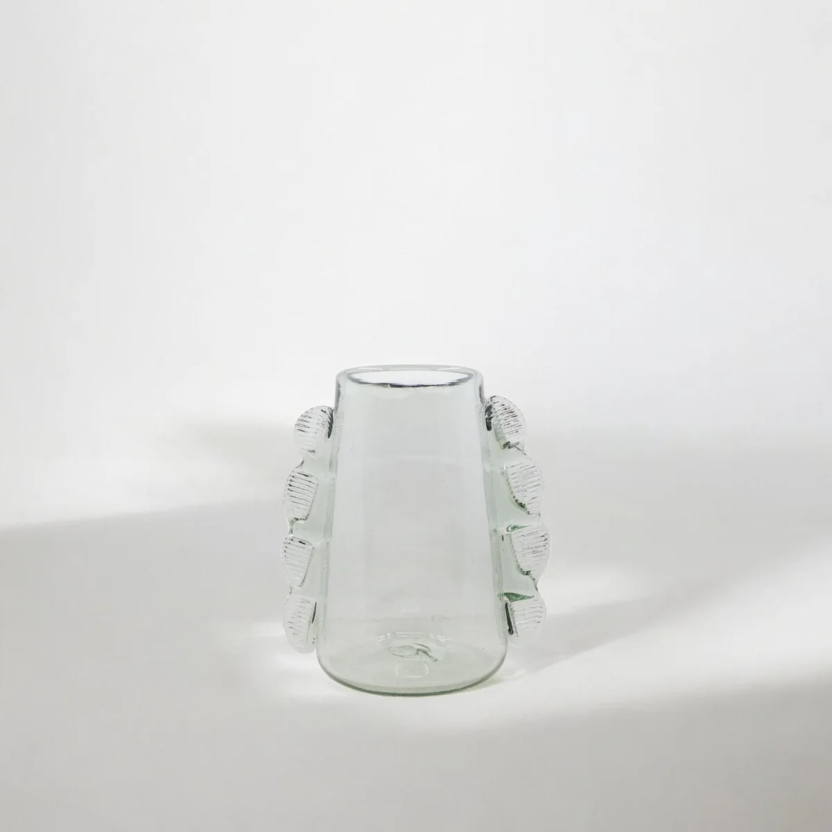Clear glass vase with decorative handles on a white background