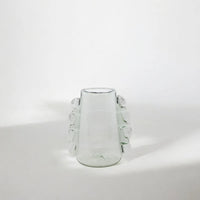 Clear glass vase with decorative handles on a white background