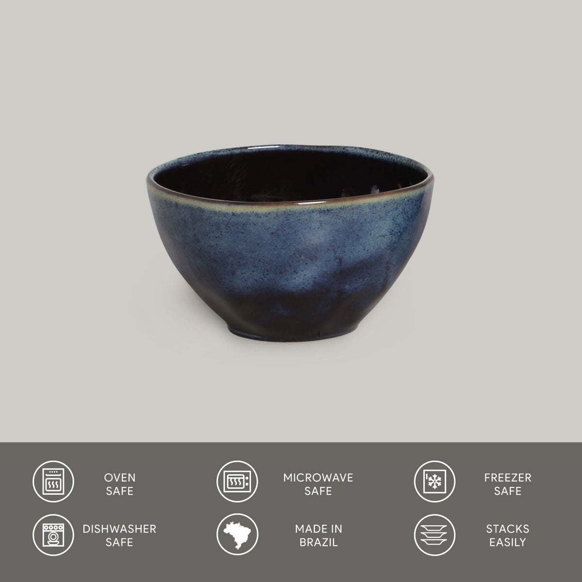 Blue ceramic bowl on a gray background with safety and feature icons at the bottom.