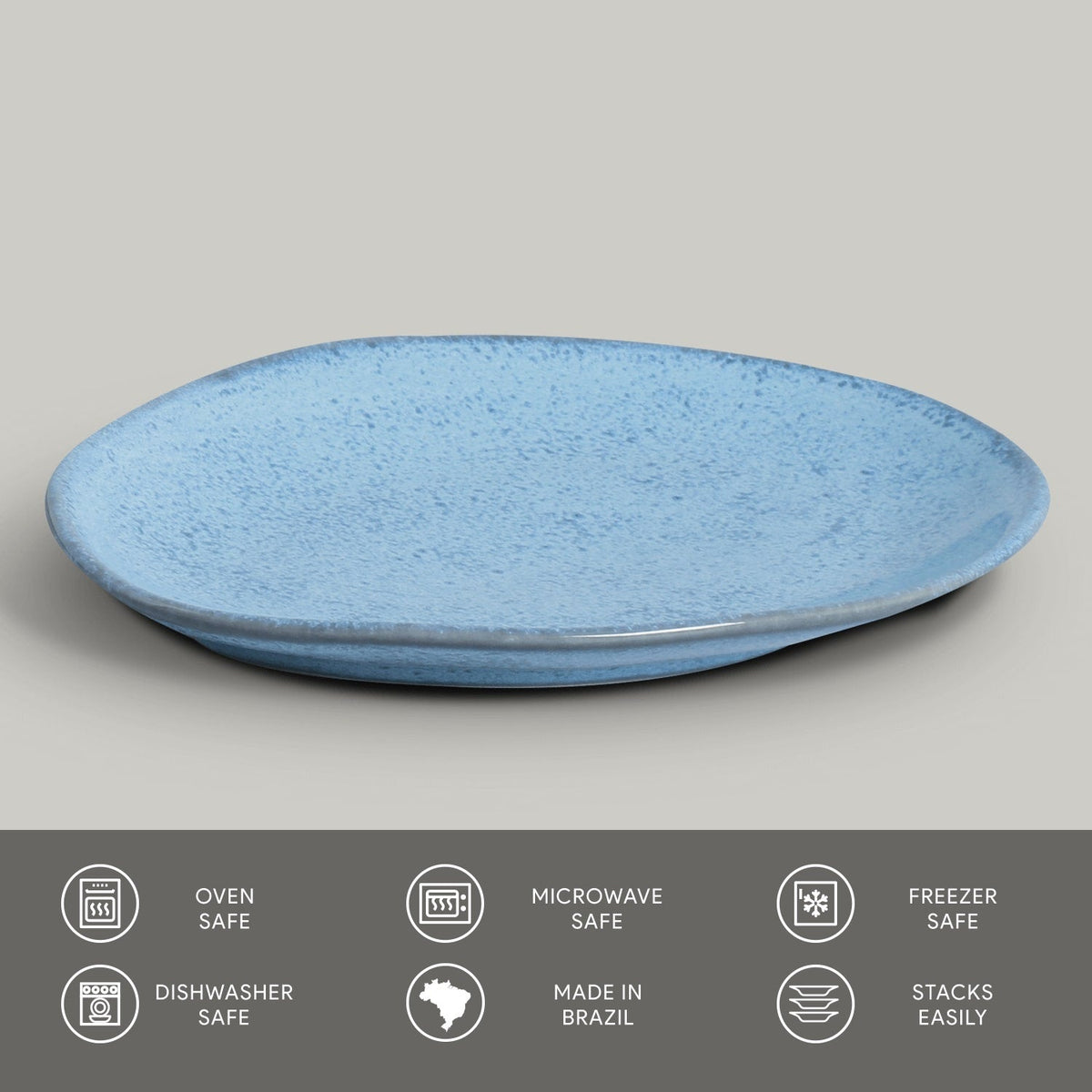 Blue ceramic plate on a gray background with safety and feature icons at the bottom.