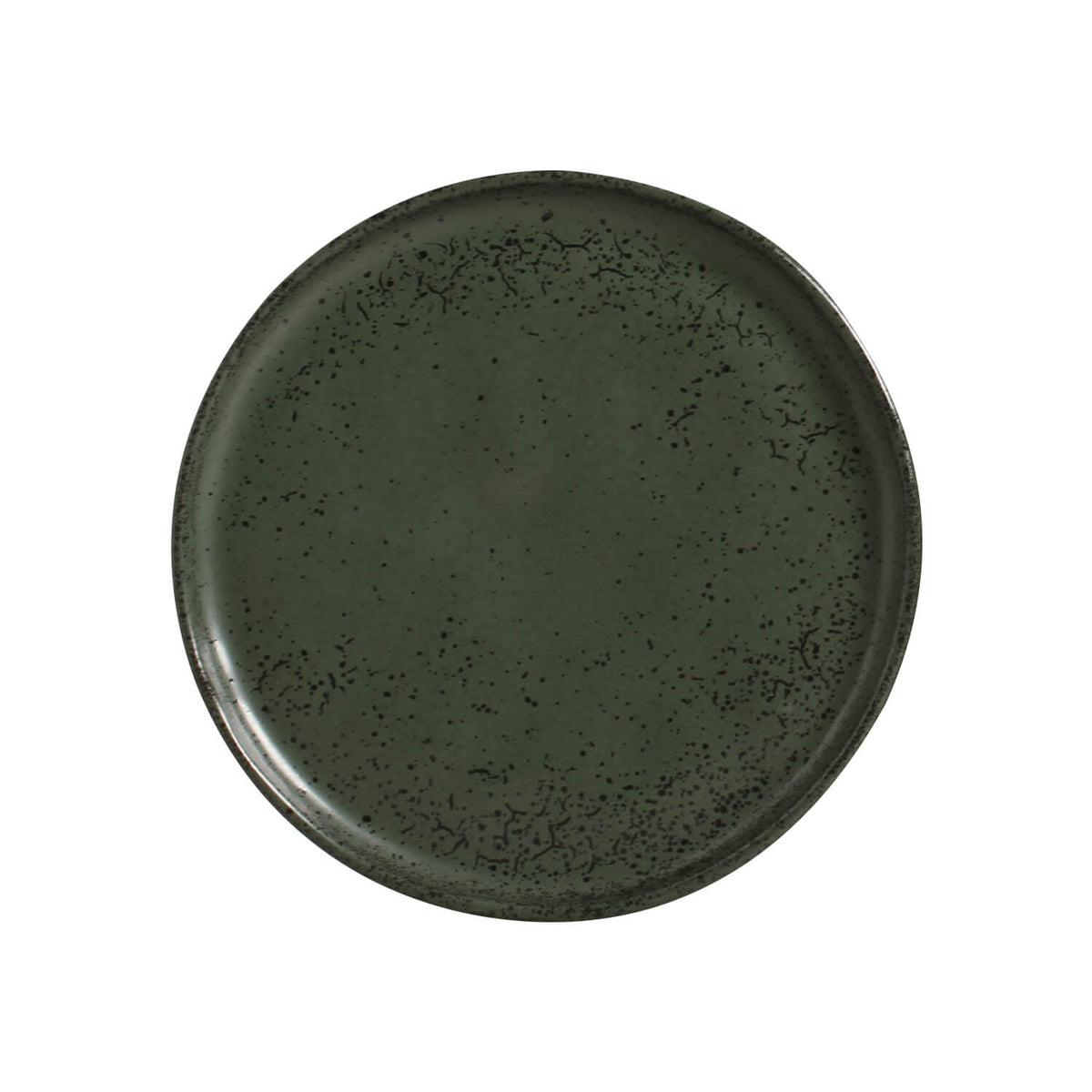 Dark green ceramic plate with speckled texture on a white background