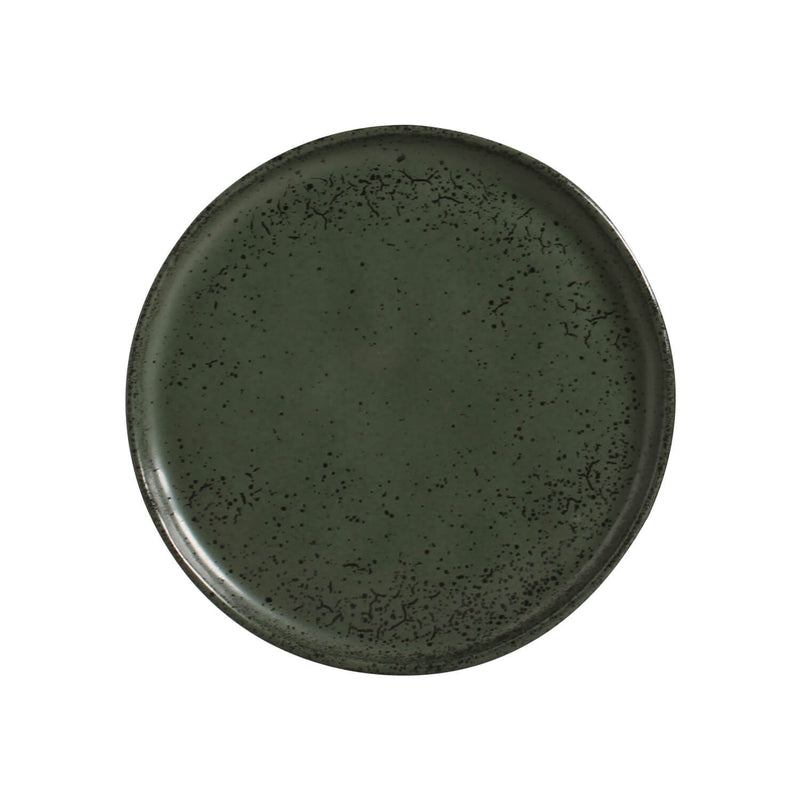 Dark green ceramic plate with speckled texture on a white background