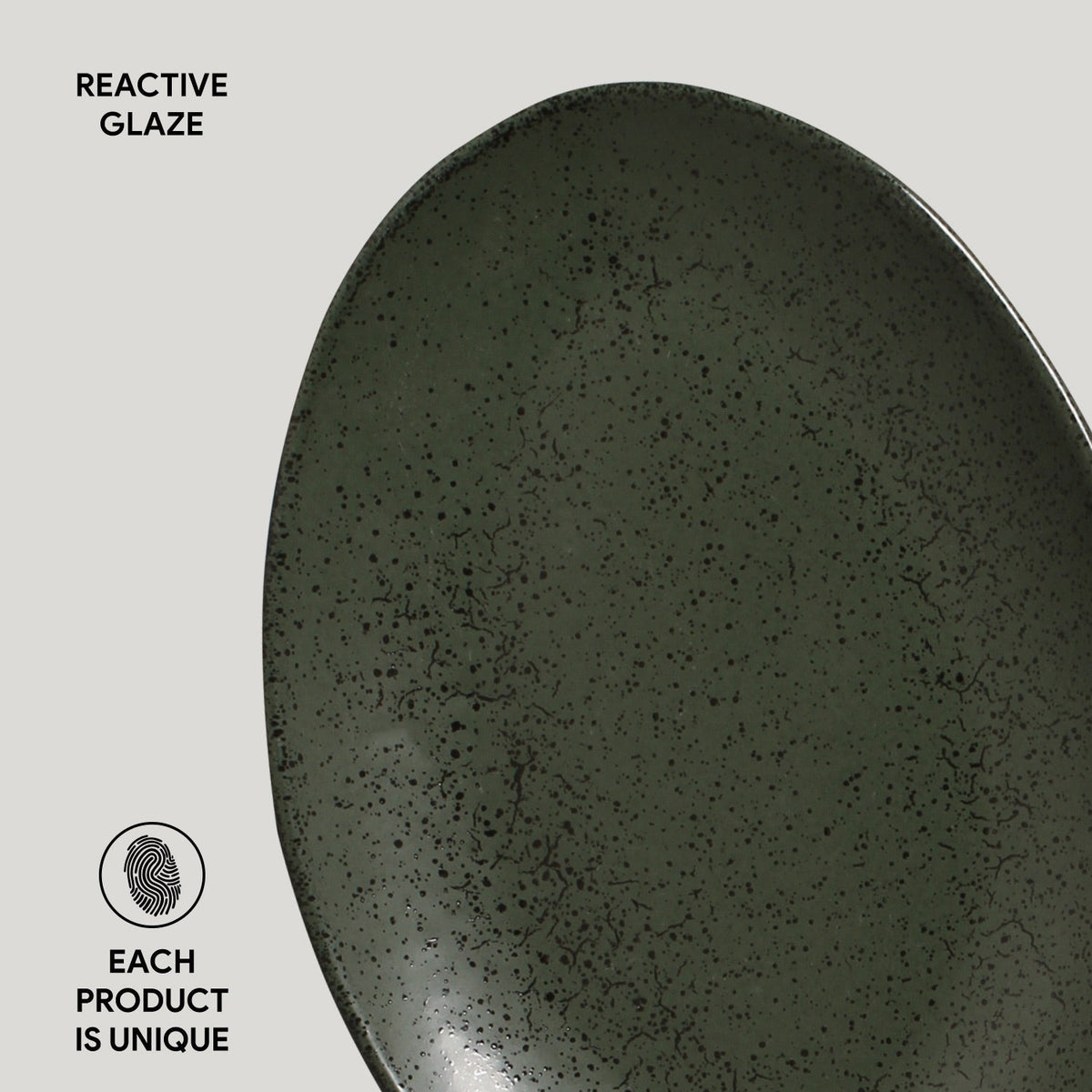 Dark green ceramic plate with speckled texture on a light gray background, labeled 'Reactive Glaze'.