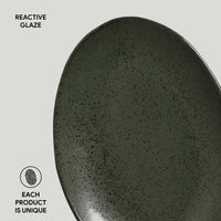 Dark green ceramic plate with speckled texture on a light gray background, labeled 'Reactive Glaze'.