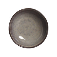 Round ceramic bowl with a speckled gray and brown design on a white background