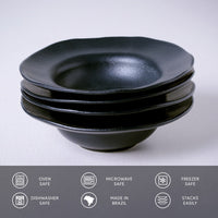 Stack of black bowls on a light gray background with safety and feature icons at the bottom.