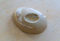 A small oval nerikomi porcelain dish with concentric wavy bands of tan, brown, cream, and pale yellow, photographed on a light wood surface.