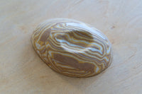A small oval nerikomi porcelain dish with concentric wavy bands of tan, brown, cream, and pale yellow, photographed on a light wood surface.