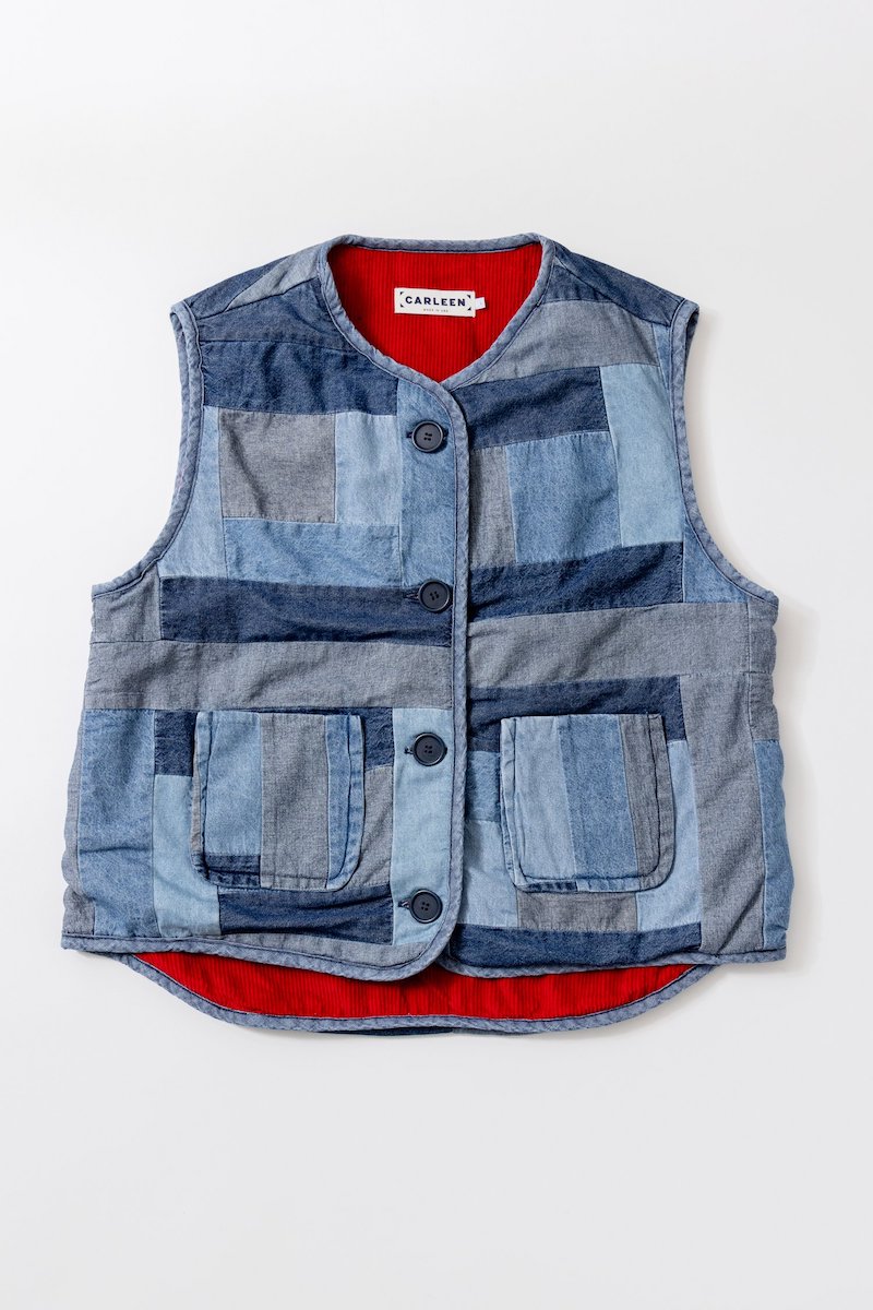 Carleen Denim Patchwork Red Corduroy Log Cabin Reversible Vest