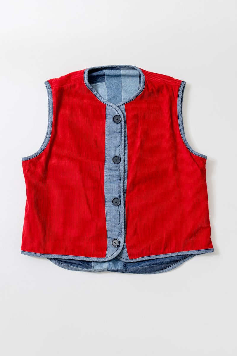 Carleen Denim Patchwork Red Corduroy Log Cabin Reversible Vest