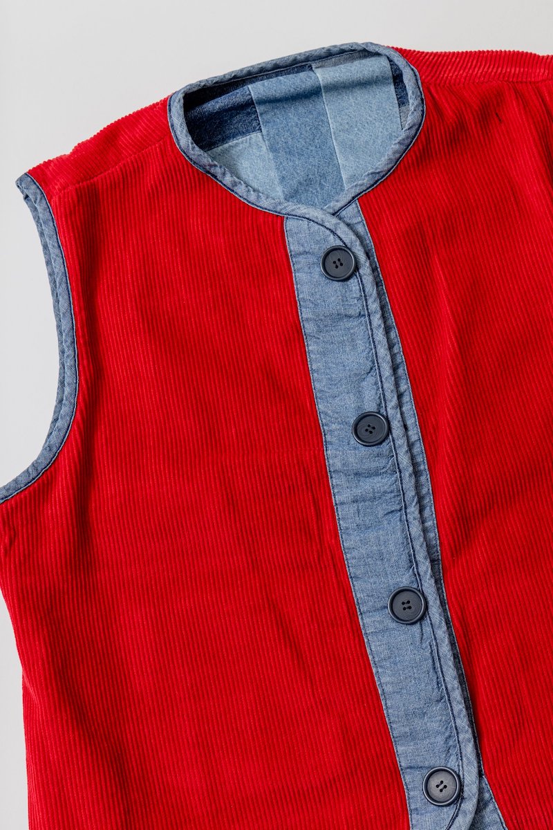 Carleen Denim Patchwork Red Corduroy Log Cabin Reversible Vest