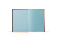 Open book with light blue pages on a white background