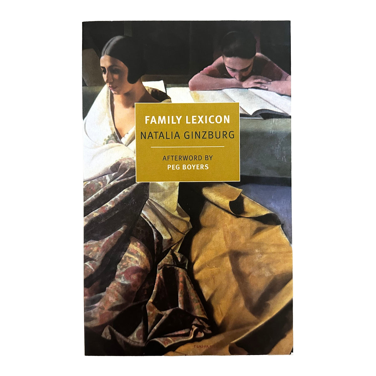 The book cover of 'Family Lexicon' by Natalia Ginzburg, featuring a painting of a woman and another person reading with a prominent mustard yellow title box in the center.