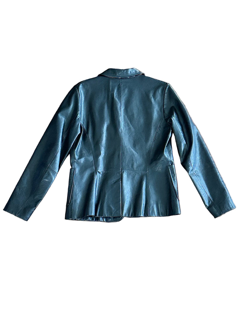 Backside of black leather jacket on a white background