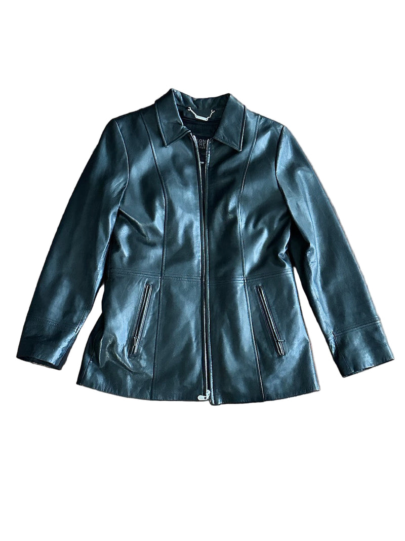 Black leather jacket on a white background