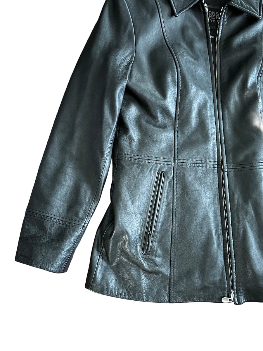 Black leather jacket on a white background